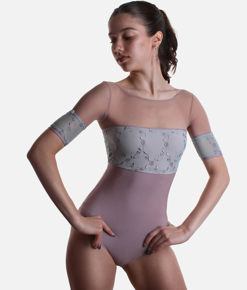 Classic Ballet Leotard with Embroidered Tulle & Mesh Sleeves - MINERVA GL ALCHIMIA