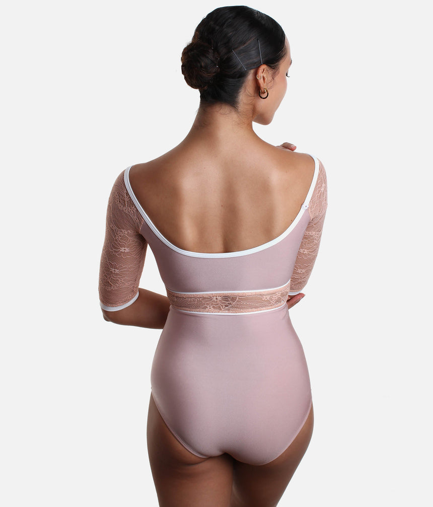 Boat Neckline Ballet Leotard with Lace Sleeves & Waist Detail - AFRODITE DI ROSE
