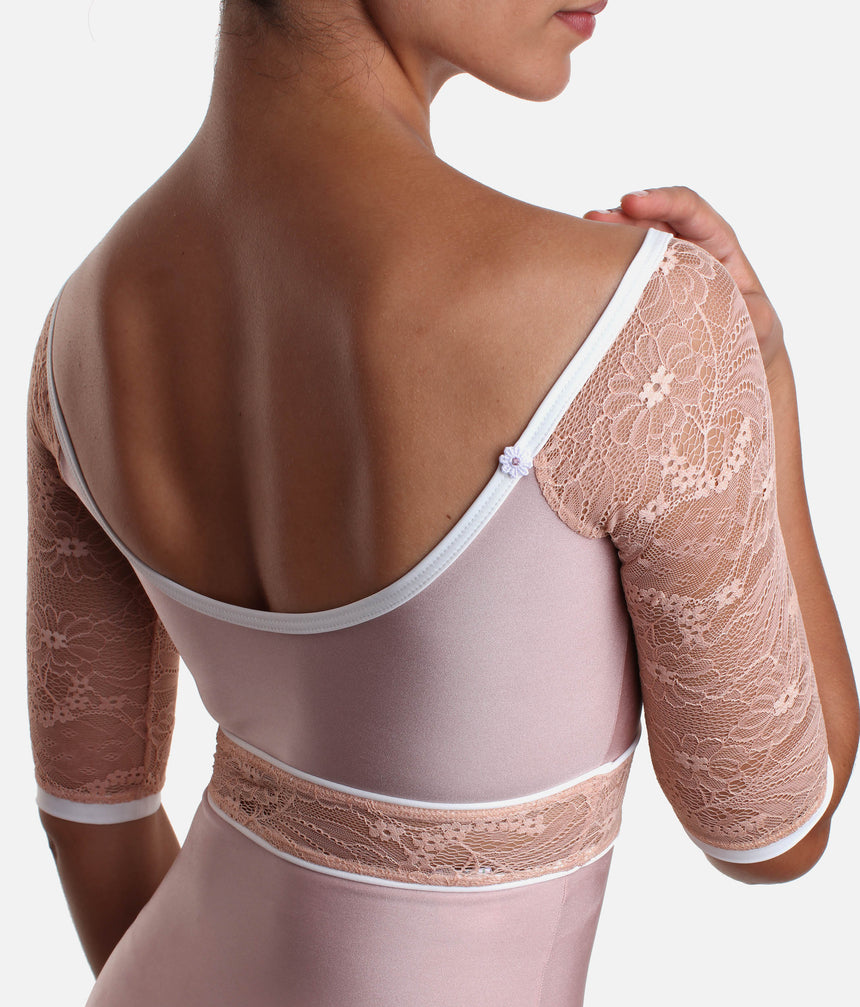 Boat Neckline Ballet Leotard with Lace Sleeves & Waist Detail - AFRODITE DI ROSE