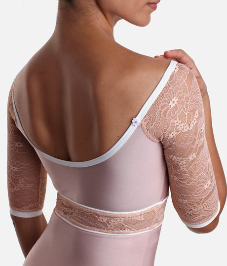 Boat Neckline Ballet Leotard with Lace Sleeves & Waist Detail - AFRODITE DI ROSE