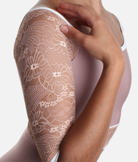 Boat Neckline Ballet Leotard with Lace Sleeves & Waist Detail - AFRODITE DI ROSE