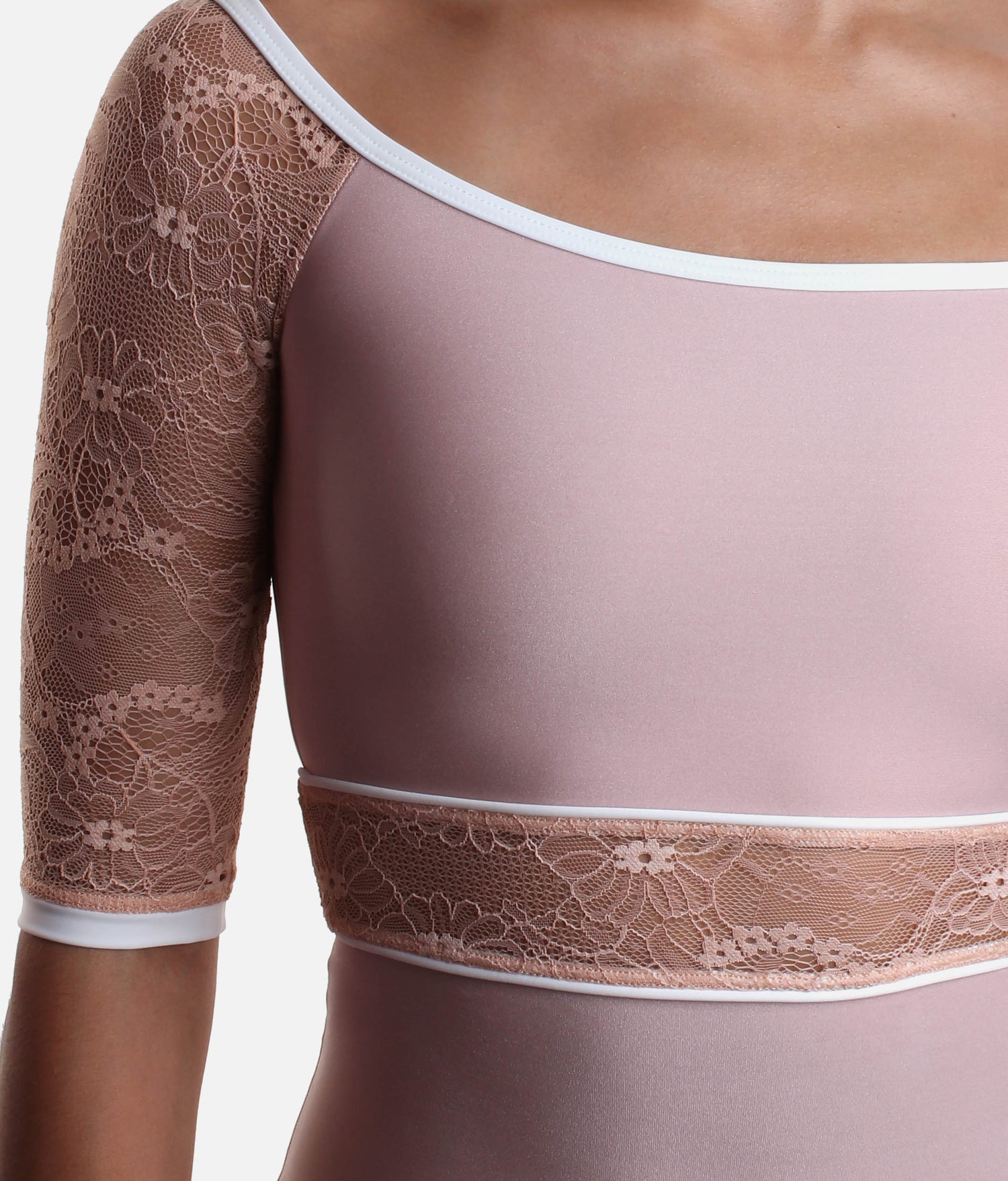 Boat Neckline Ballet Leotard with Lace Sleeves & Waist Detail - AFRODITE DI ROSE