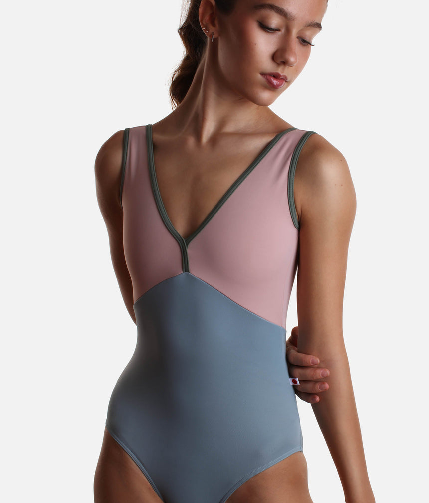 Low Back Dance Leotard with Duo Colour V-Neck & Contrast Trim - ALICIA Fog