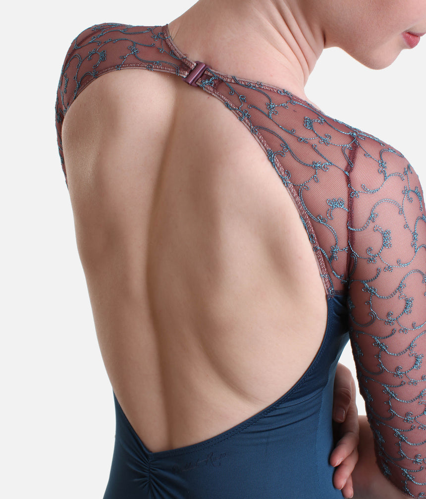 Long Sleeve Leotard, Open Back, Floral Mesh - ANOUK