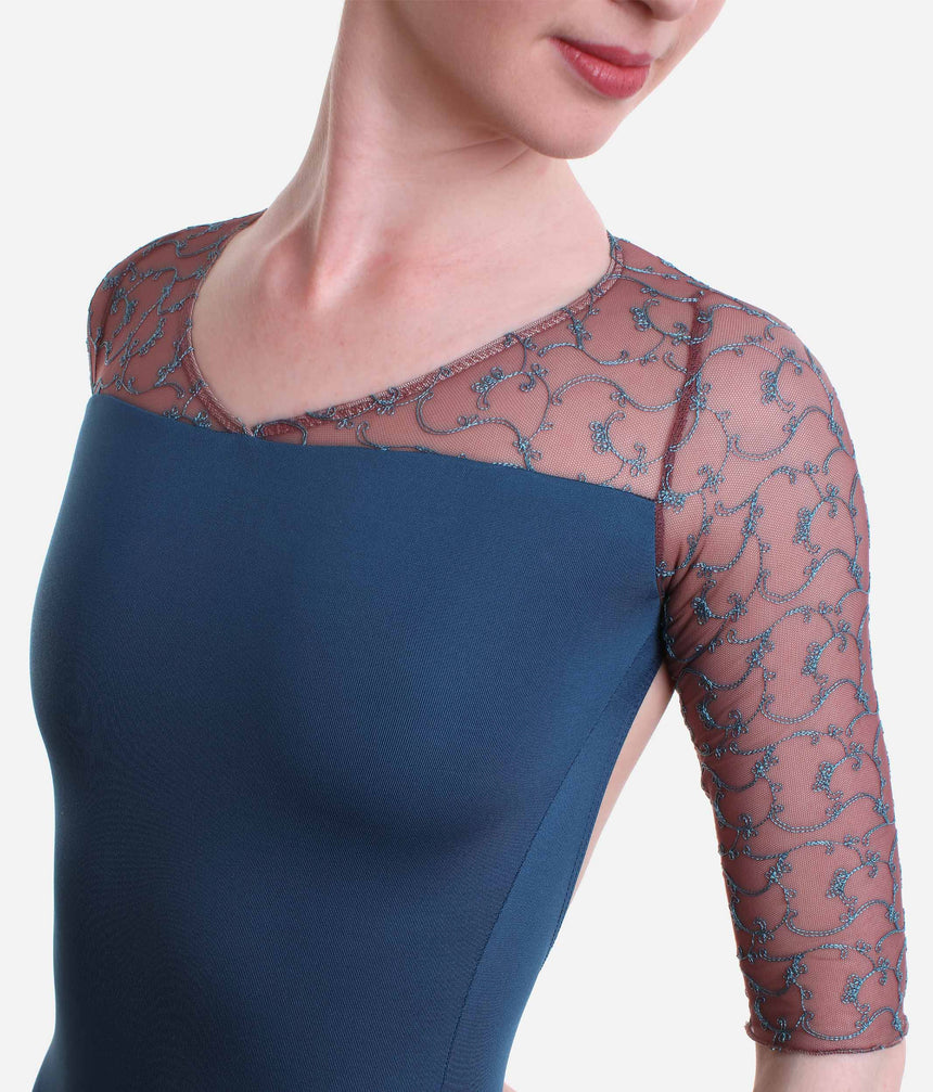 Long Sleeve Leotard, Open Back, Floral Mesh - ANOUK