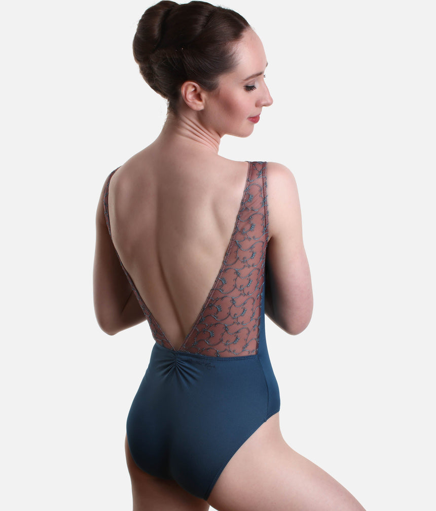 High Neckline Dance Leotard, Embroidered Mesh with Modern Open Back - ANTONIA