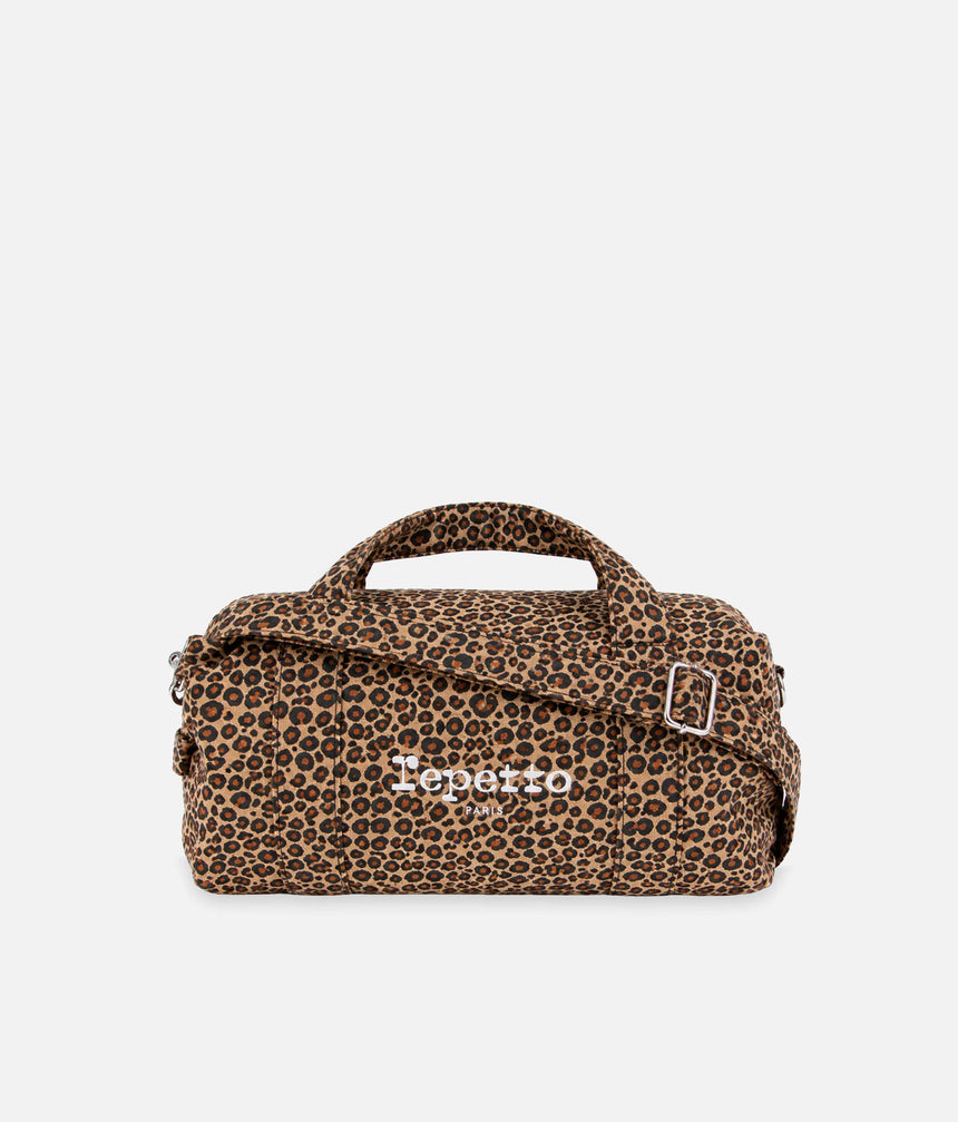 Repetto B0390TL leopard-print medium duffle bag with a white Paris logo, matching handles and an adjustable shoulder strap.