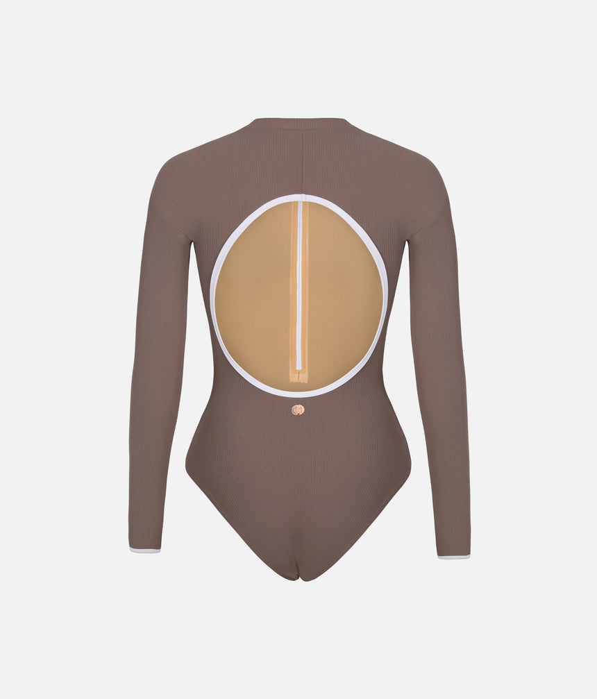 Back of Mara Dancewear Aura Long Sleeve Deep Brown leotard, with white-trimmed cut-out and front lining visible through it.