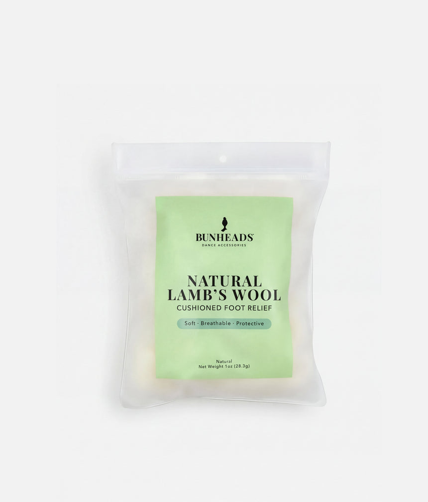 Bunheads Natural Lamb’s Wool in a resealable pouch with a green label showing the 28.3 g pack weight