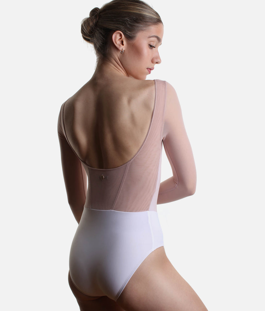 Back of Bodile Sofia Frost Nougat leotard, showing the deep scoop neckline, blush back panel and white lower body.