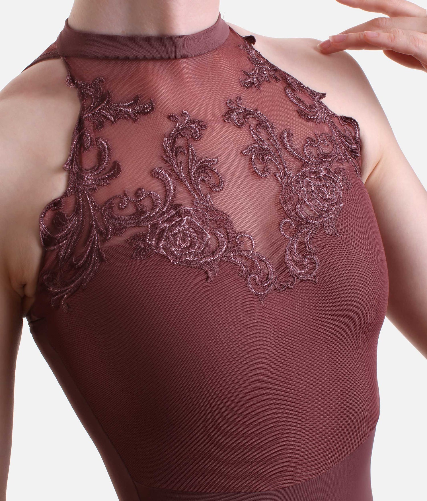 High Neck Leotard, Romantic Embroidered Rose Design - BOUVIER
