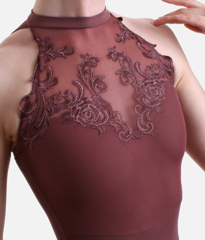 High Neck Leotard, Romantic Embroidered Rose Design - BOUVIER