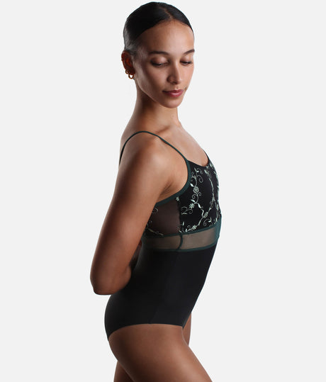 Elegant Black Camisole Dance Leotard with Sheer Detail - BRIGID DI NERO