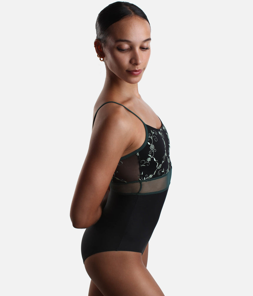 Elegant Black Camisole Dance Leotard with Sheer Detail - BRIGID DI NERO