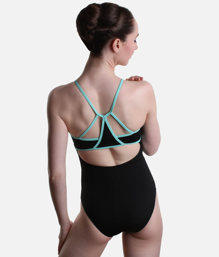 Cami Strap Leotard, Aqua Trim & Open Back – BY04
