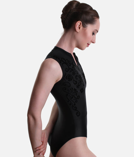 Front Zipper Dance Leotard, Velvet Flocked Sleeveless Elegance - CHABLIS