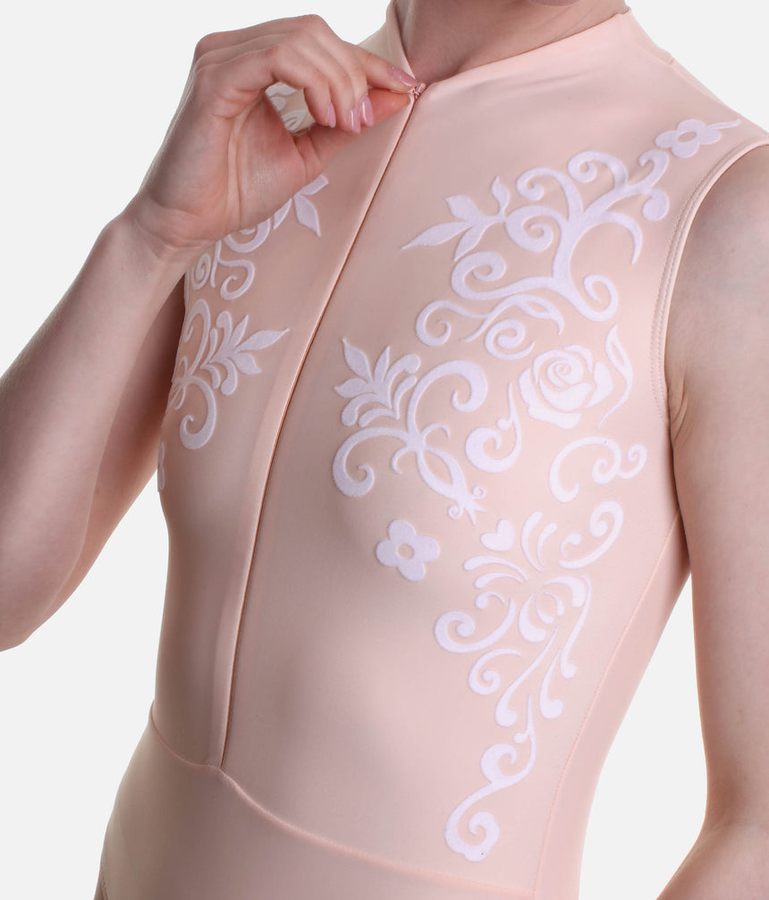 Front Zipper Dance Leotard, Velvet Flocked Sleeveless Elegance - CHABLIS