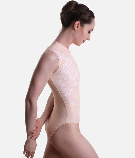 Front Zipper Dance Leotard, Velvet Flocked Sleeveless Elegance - CHABLIS