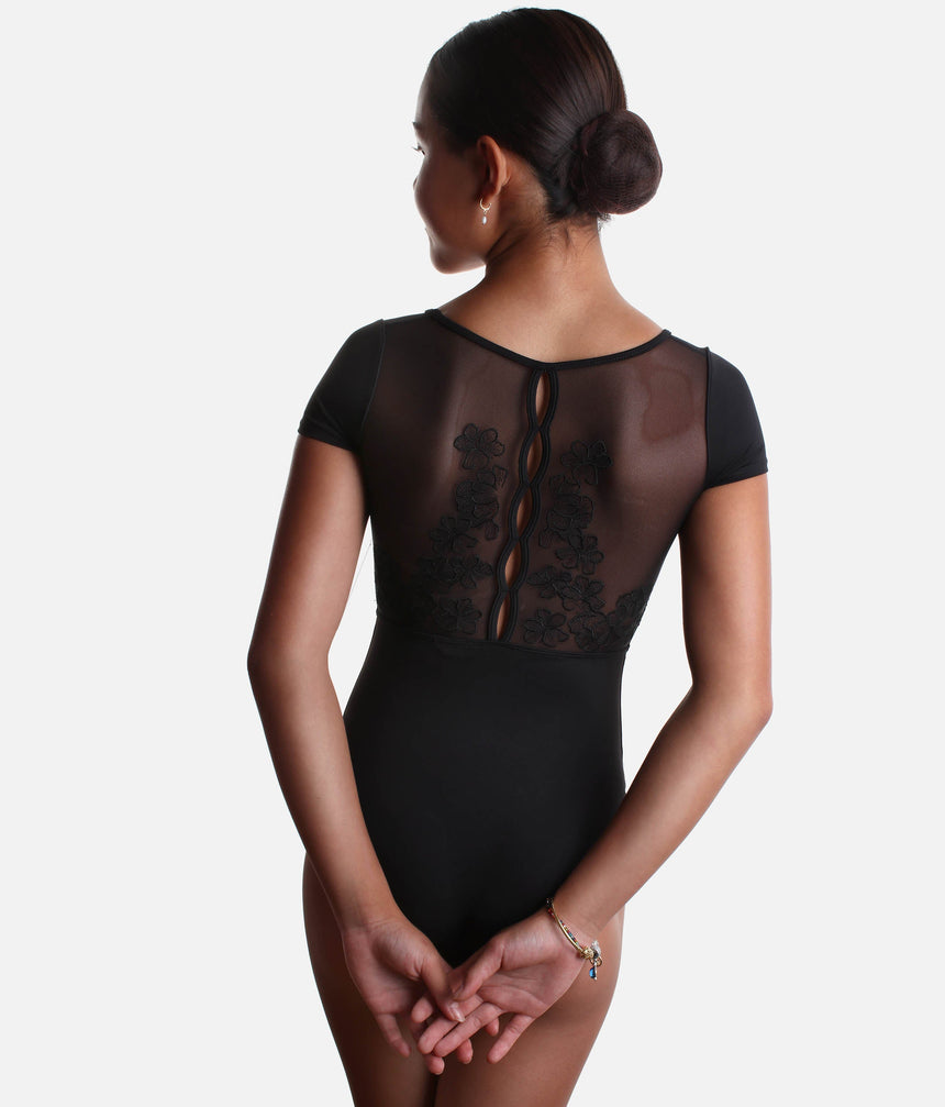 Girls Mei Cap Sleeve Leotard, Sweetheart Neck & Floral Mesh Back - CL20003