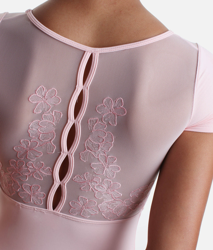 Girls Mei Cap Sleeve Leotard, Sweetheart Neck & Floral Mesh Back - CL20003