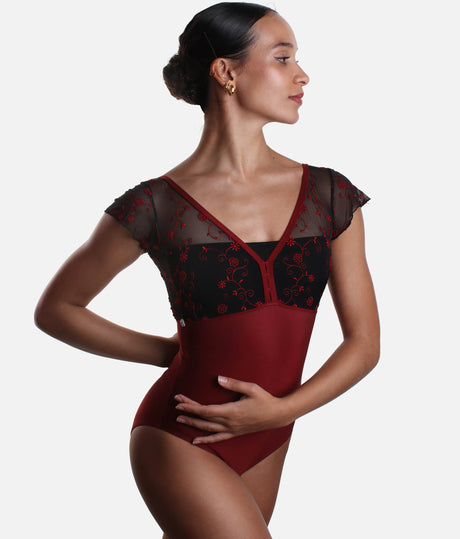 Luxury Ballet Leotard with Deep V-Back, Cap Sleeves - DAFNE GL BORDEAUX
