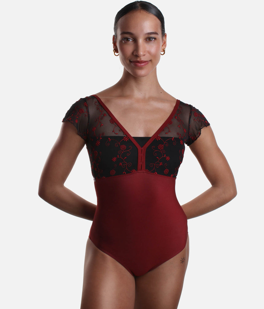 Luxury Ballet Leotard with Deep V-Back, Cap Sleeves - DAFNE GL BORDEAUX