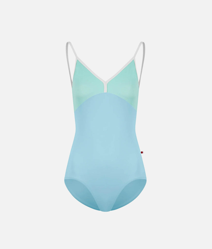 YUMIKO Daria Pool leotard, back product view showing the deep V opening, Frozen upper panels and White trim.