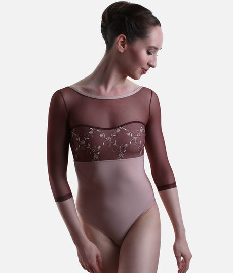 Low Back Leotard, Elegant Neckline & Floral Tulle - DIANA CL