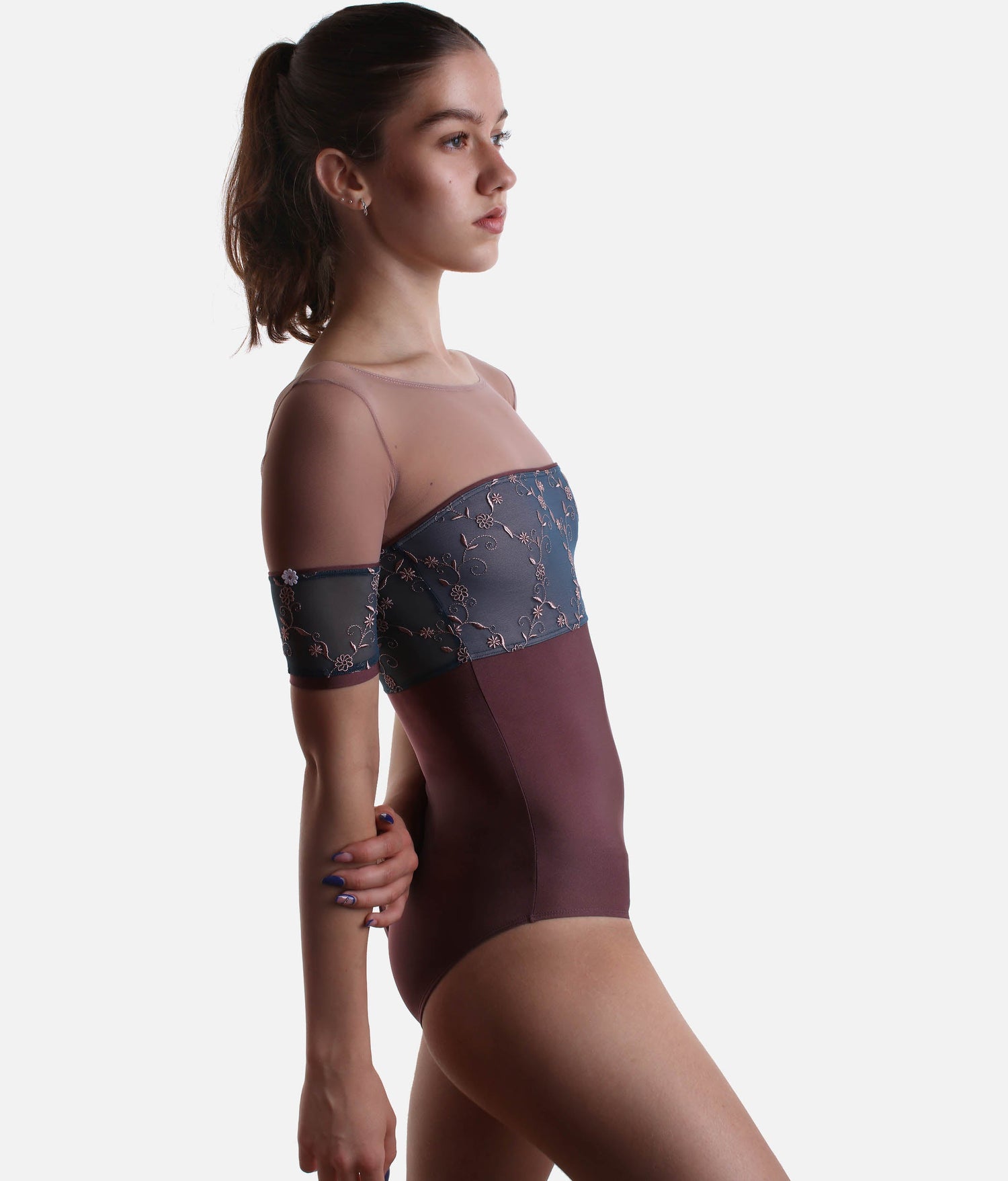 Short Tulle Sleeves Leotard with Romantic Embroidered Bust Panel - MINERVA GL