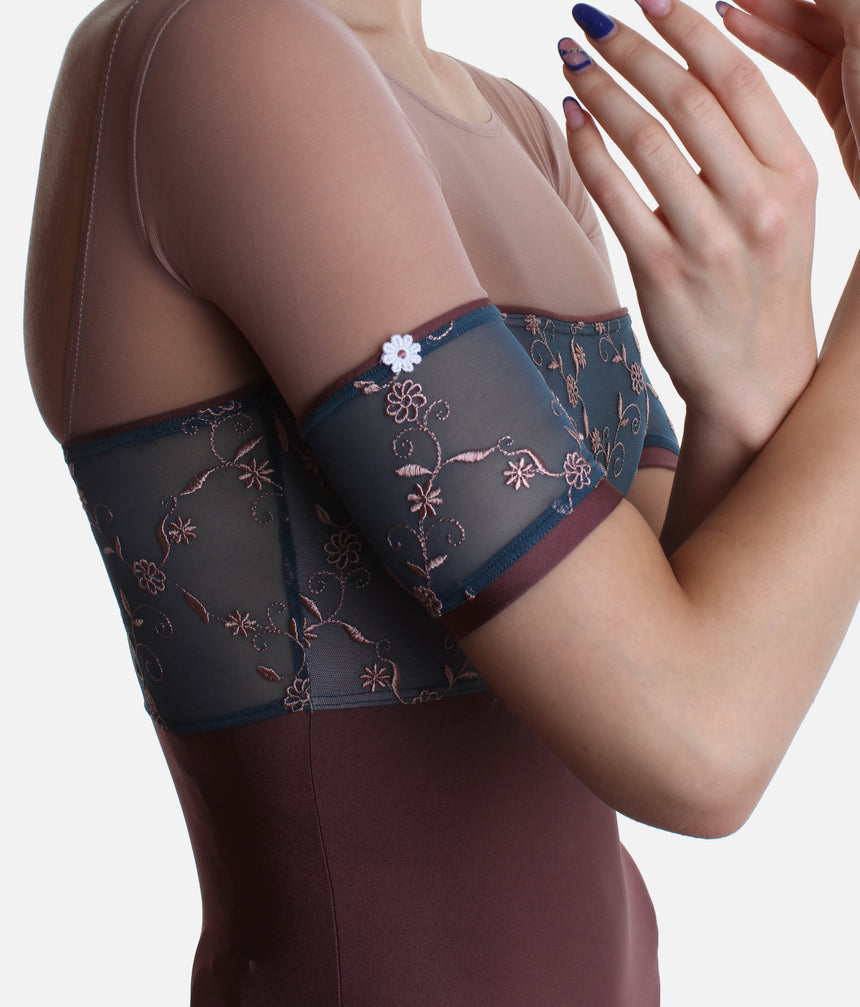 Short Tulle Sleeves Leotard with Romantic Embroidered Bust Panel - MINERVA GL