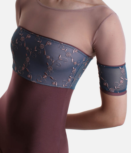 Short Tulle Sleeves Leotard with Romantic Embroidered Bust Panel - MINERVA GL