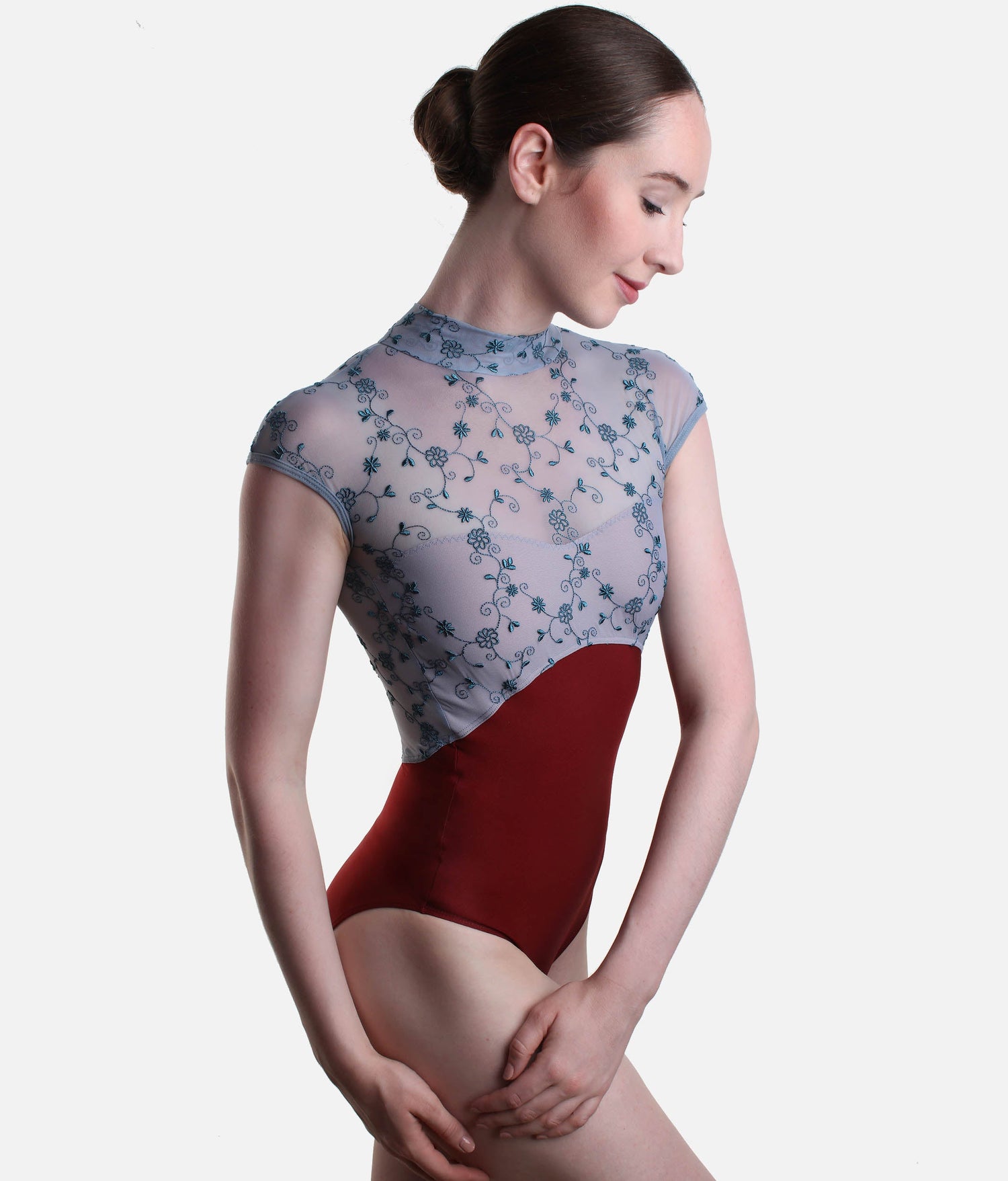 High Neckline Ballet Leotard, Cap Sleeves & Floral Design - SELENE DI BORDEAUX