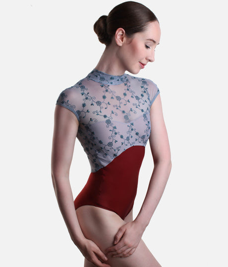 High Neckline Ballet Leotard, Cap Sleeves & Floral Design - SELENE DI BORDEAUX