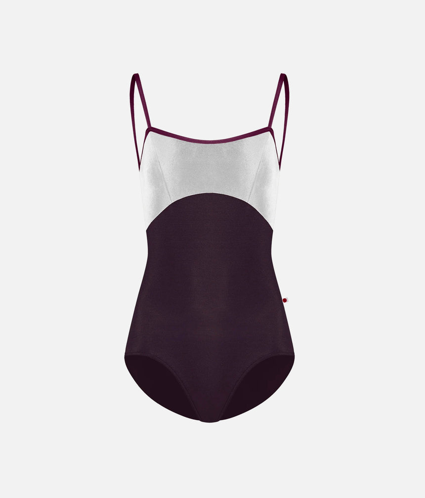 YUMIKO Denise Eggplant leotard, front product view showing White velvet princess seams and Opera neckline trim.