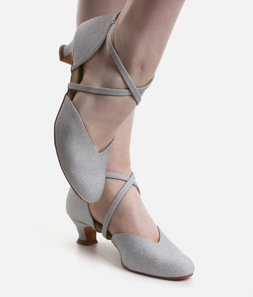 Silver Brocade Ballroom Dance Shoes, Low Spanish Heel, Suede Sole - 002X
