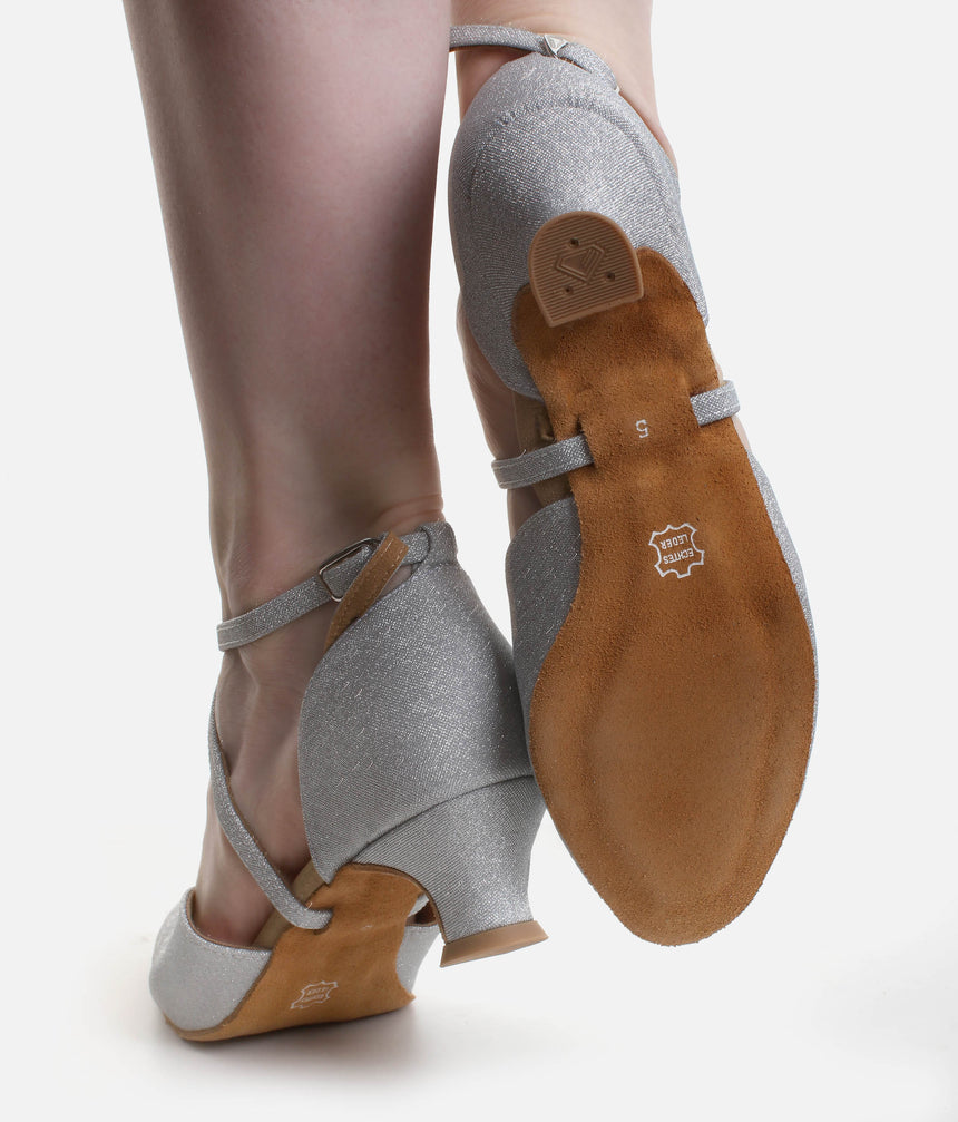 Beginner-Friendly Low Heel Dance Shoes, Silver Sparkle - 002X