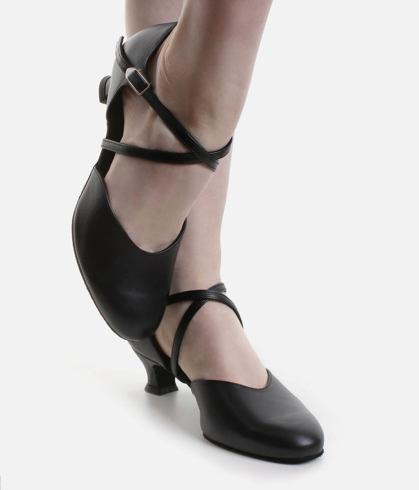 Closed-Toe Black Leather Ballroom Dance Shoes, Low Spanish Heel, Push-Button Strap - 034X