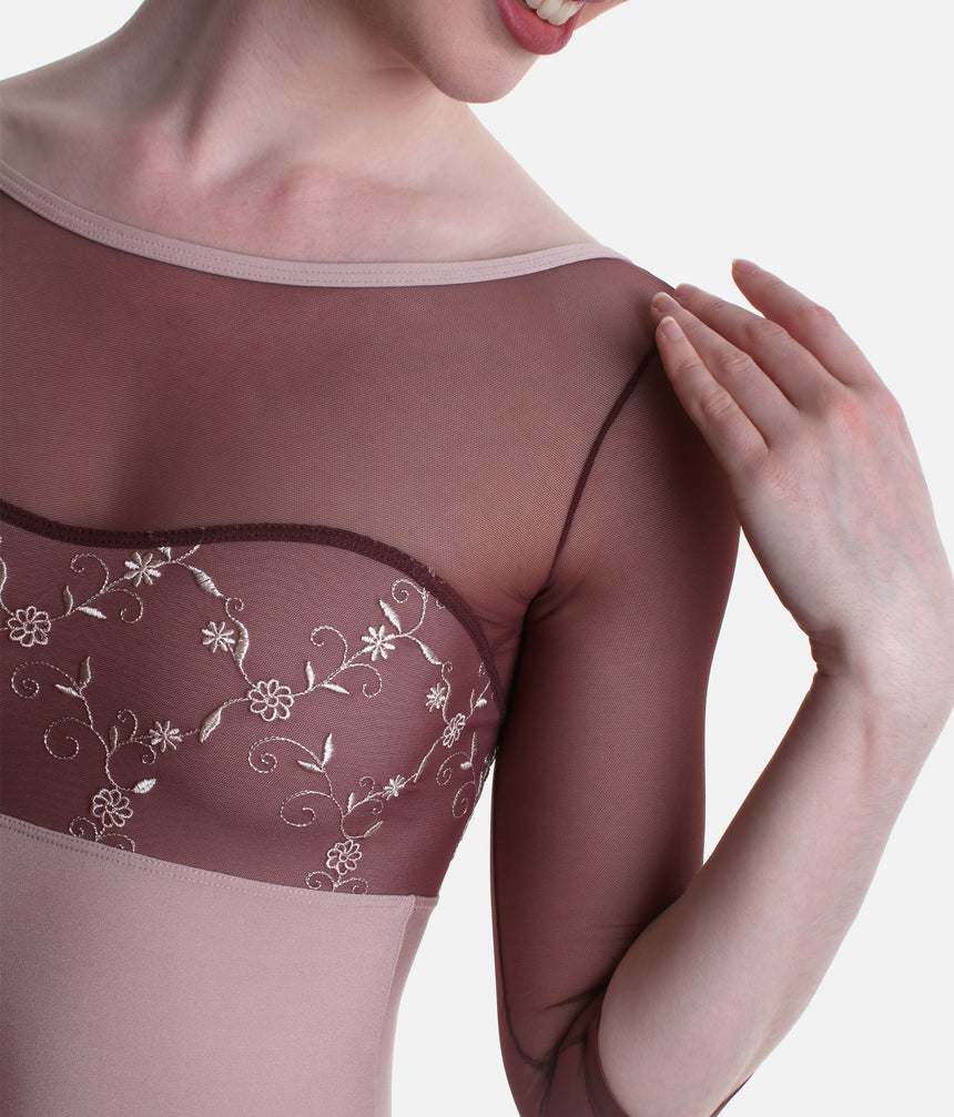 Low Back Leotard, Elegant Neckline & Floral Tulle - DIANA CL