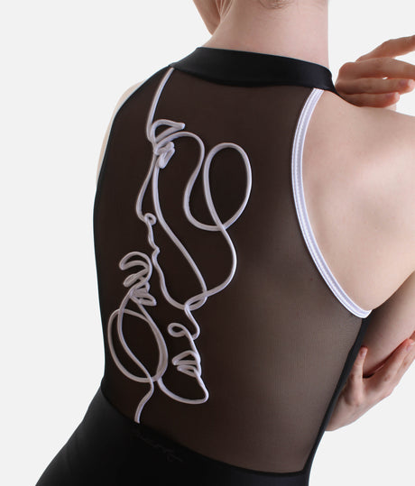 Front Zip Leotard, Mesh Back with Abstract Embroidery - DUVAL