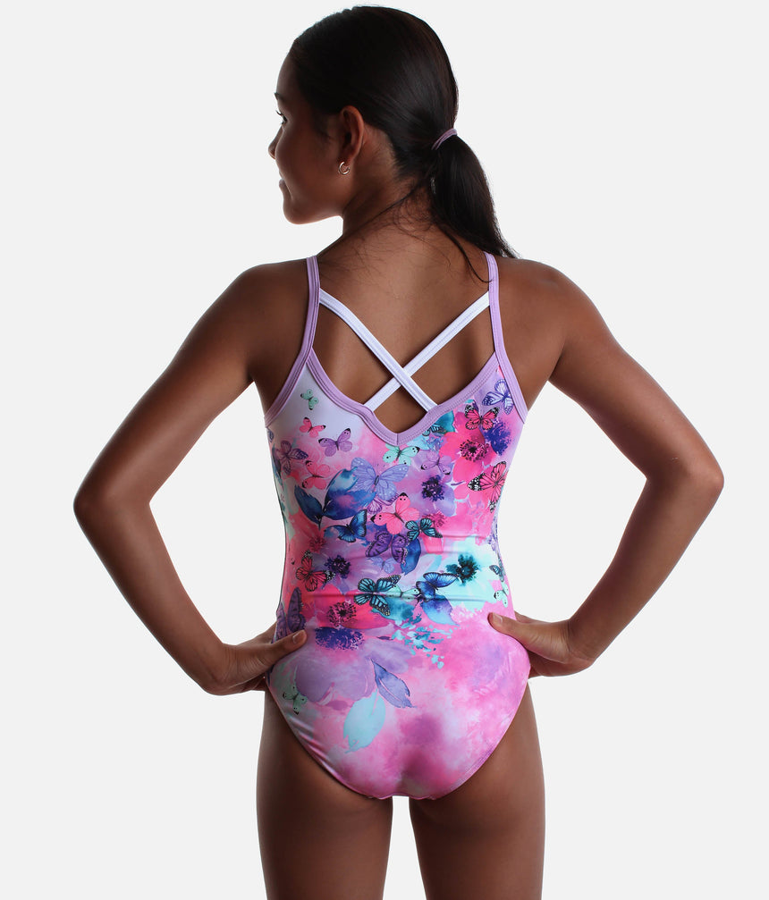 Crisscross Back Gymnastics Leotard with Butterfly Print - FAIRYTOPIA