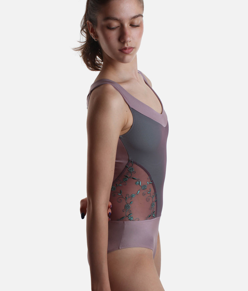 Deep V-Neckline Ballet Leotard with Embroidered Tulle - GIUNONE GL