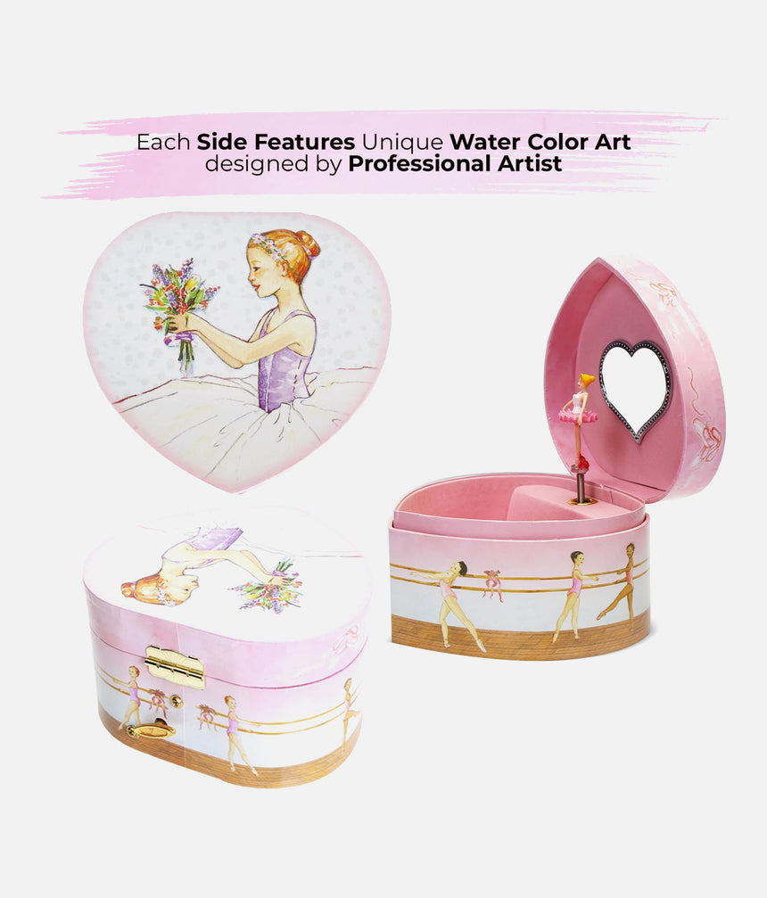 BALLERINA HEART MUSIC BOX with Mirror and Swan Lake Melody