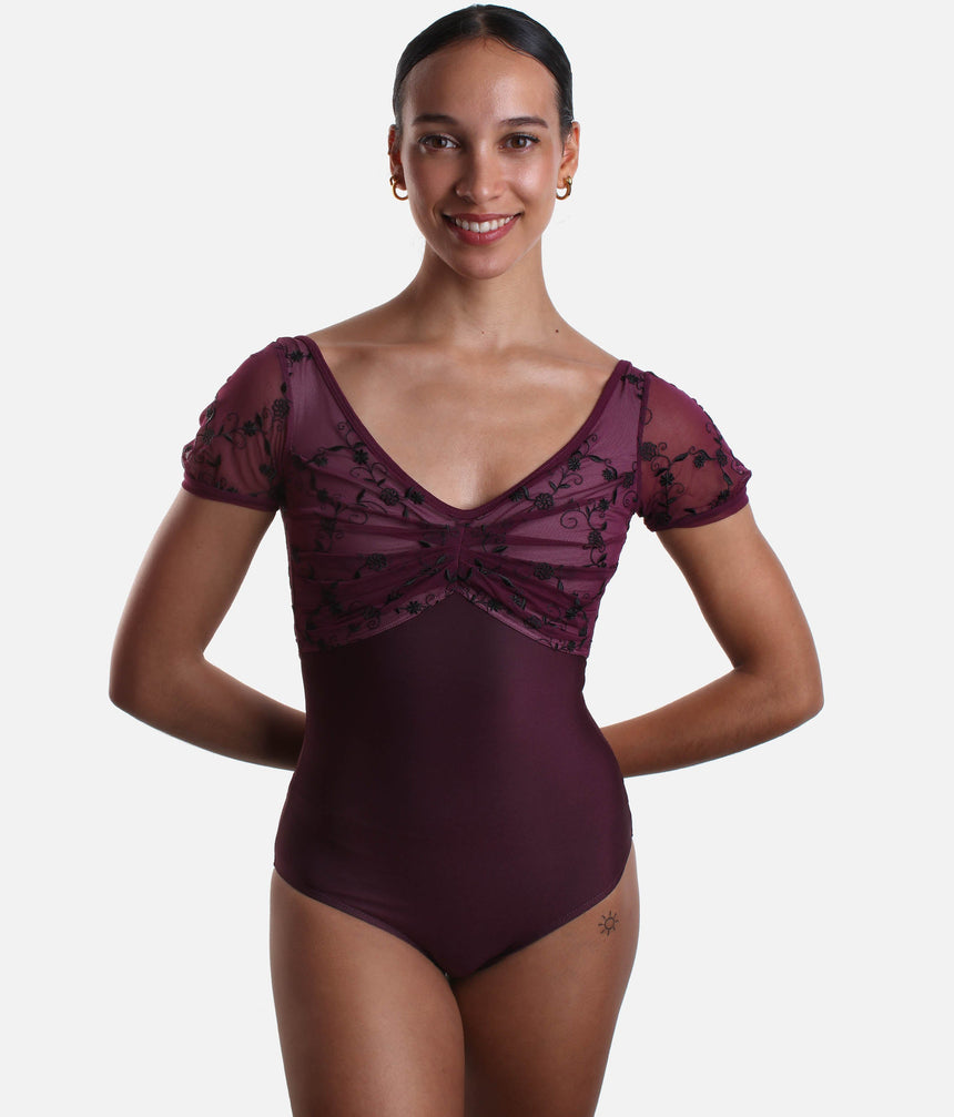 V-Neckline Dance Leotard, Embroidered Floral Mesh - ILIZIA GL TURANDOT