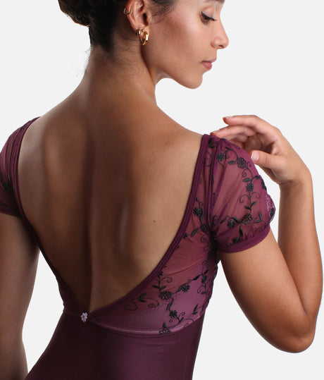V-Neckline Dance Leotard, Embroidered Floral Mesh - ILIZIA GL TURANDOT