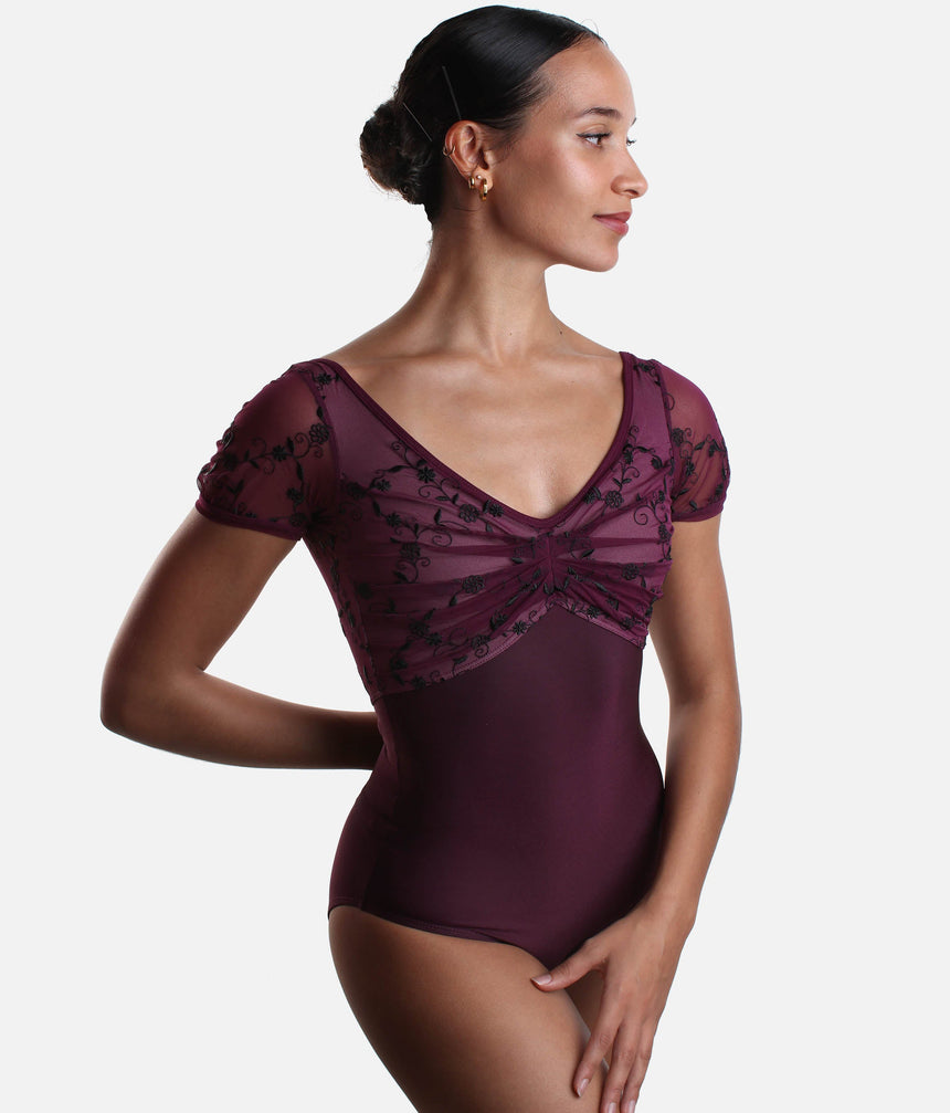V-Neckline Dance Leotard, Embroidered Floral Mesh - ILIZIA GL TURANDOT