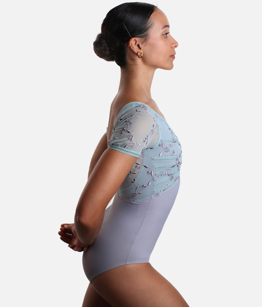 V-neckline Dance Leotard, Elegant Pleated Bodice & Sleeves - ILIZIA GL VAPORE