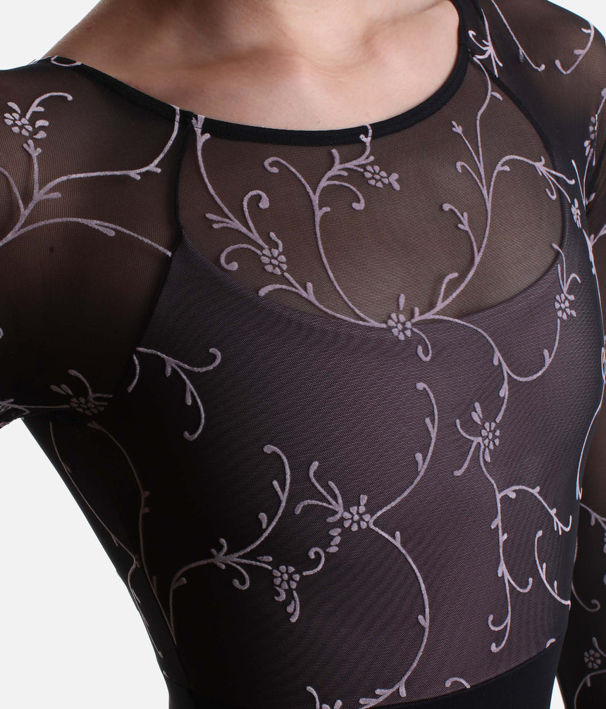 Close-up of the Intermezzo Imma boat neckline and soft pink floral flocking on black tulle.