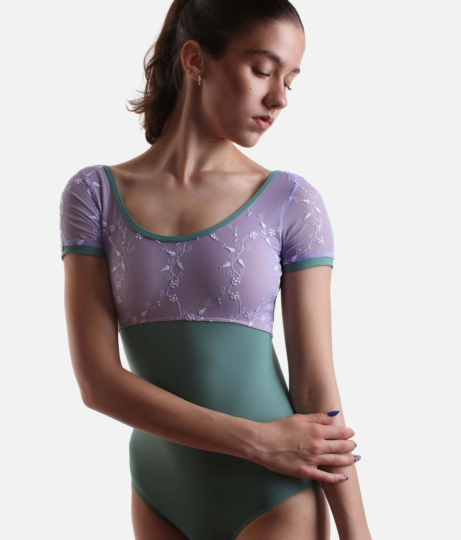 Short Sleeve Leotard, Elegant Embroidered Tulle Dancewear - ISIDE DI