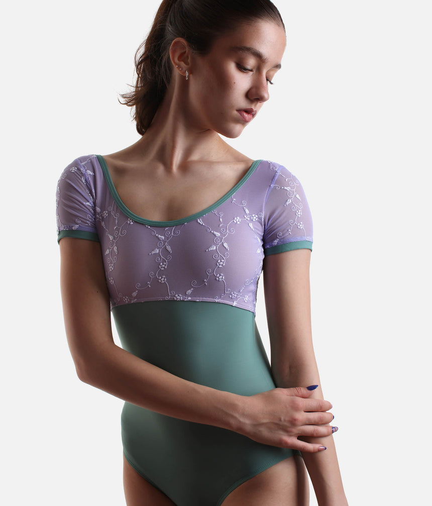 Short Sleeve Leotard, Elegant Embroidered Tulle Dancewear - ISIDE DI