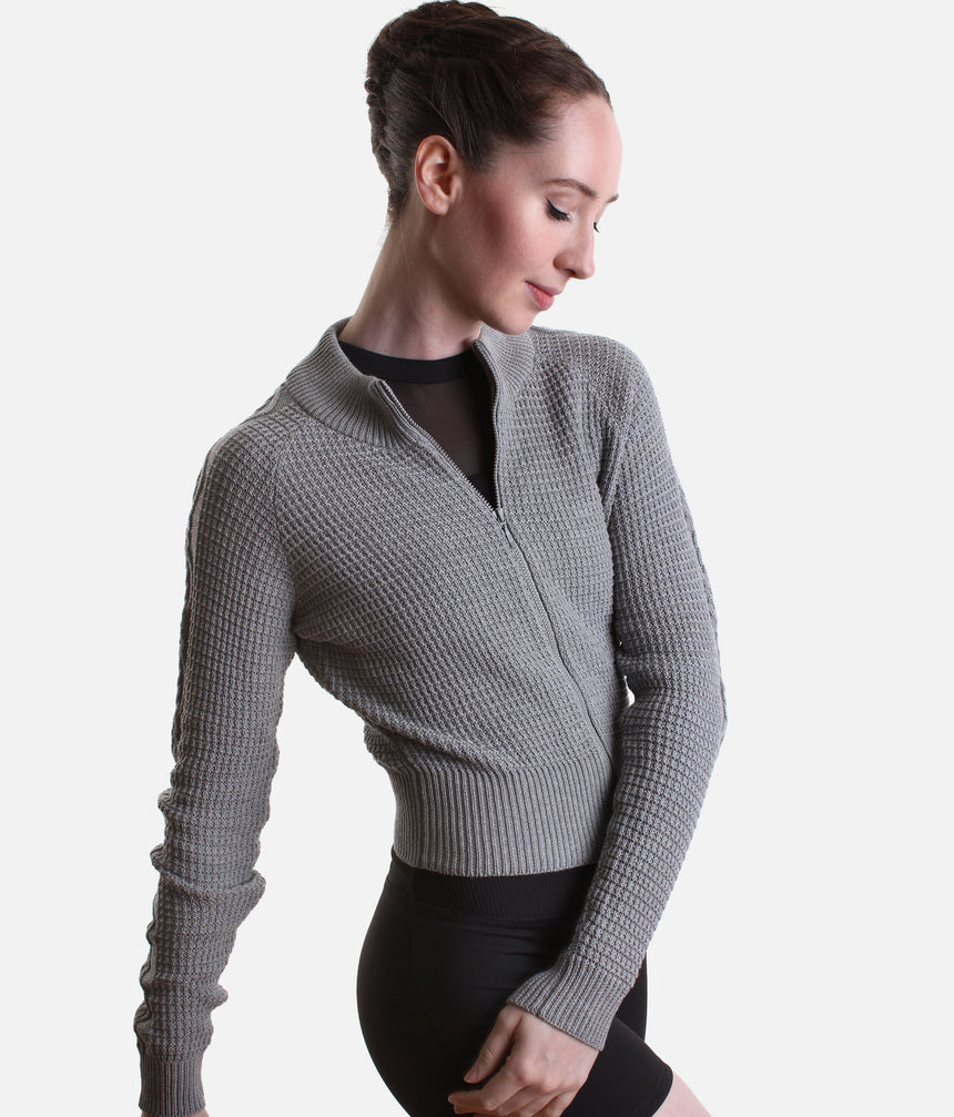 Emilia Ladies’ Cable Knit Zip Warm-Up Jacket – Grey Marle - J13004